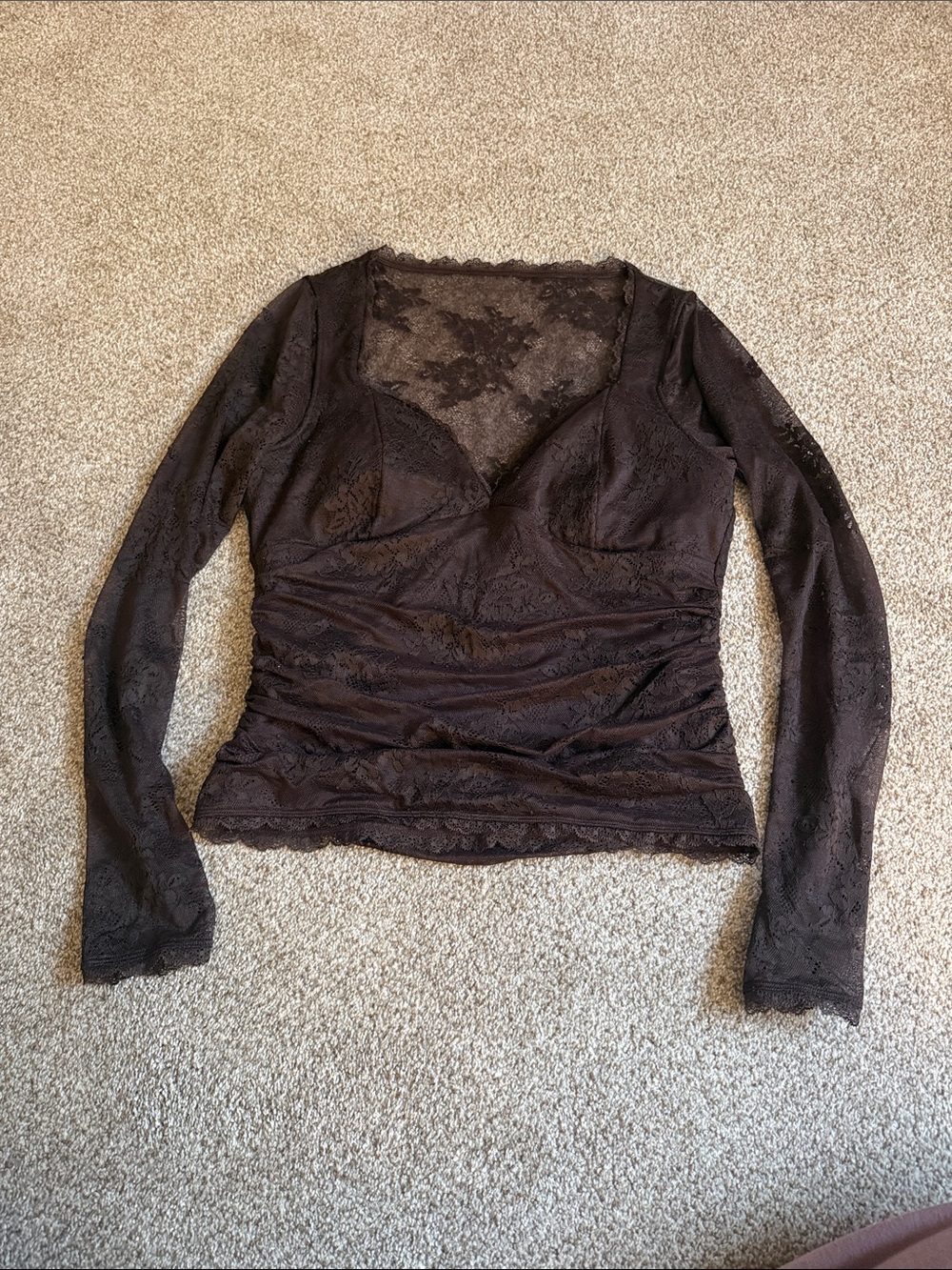 Abercrombie & Fitch Bra-Free Brown Lace Long Sleeve V-Neck Top